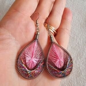Peruvian Silk Thread Teardrop Earrings Retro Silver Pink Rainbow String